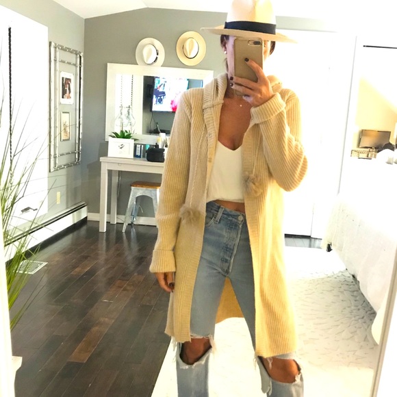 Free People Sweaters - Free People beige long ribbed Pom Pom hood sweater